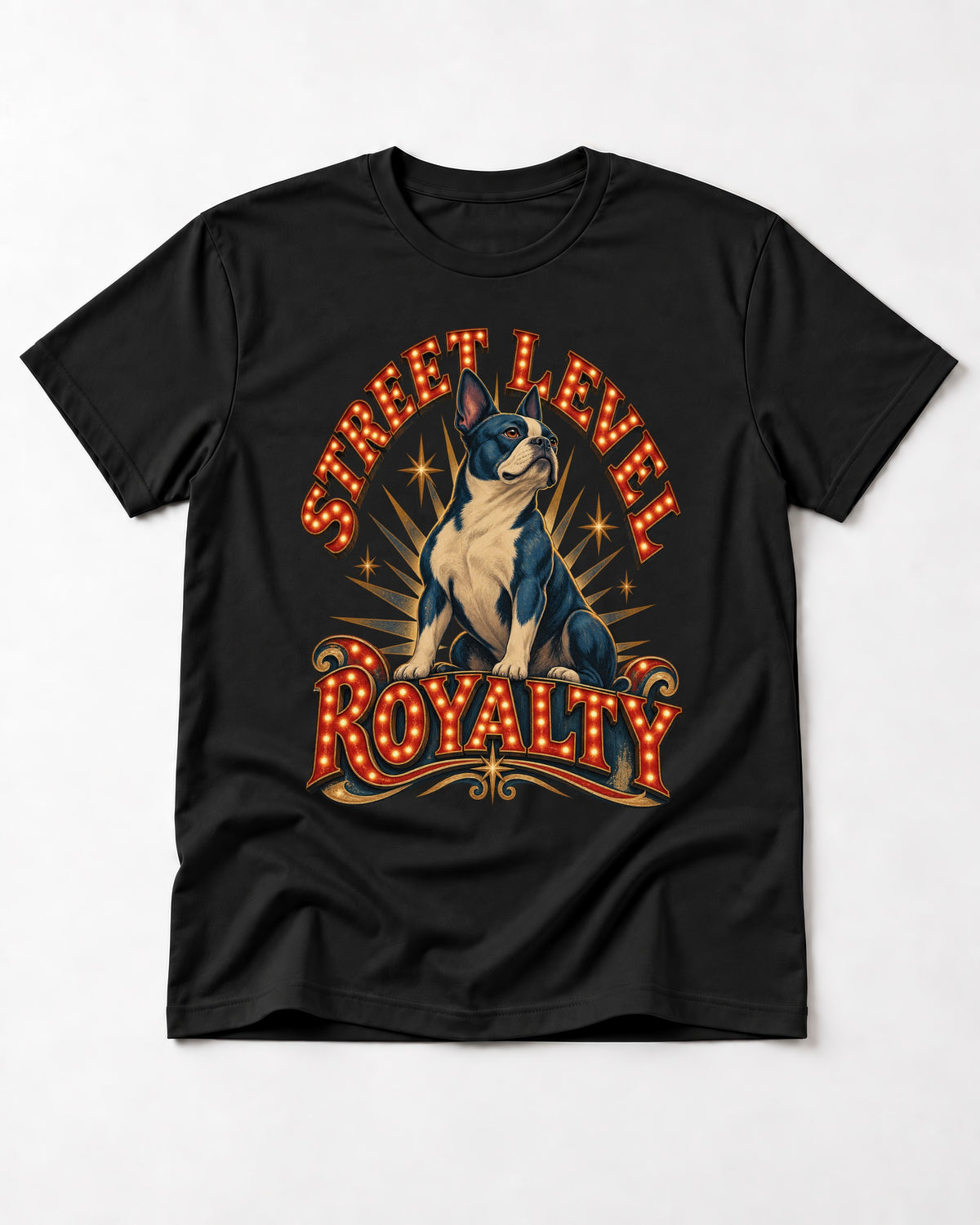 Street Level Royalty Boston Terrier T-Shirt in Black, flat lay product photo