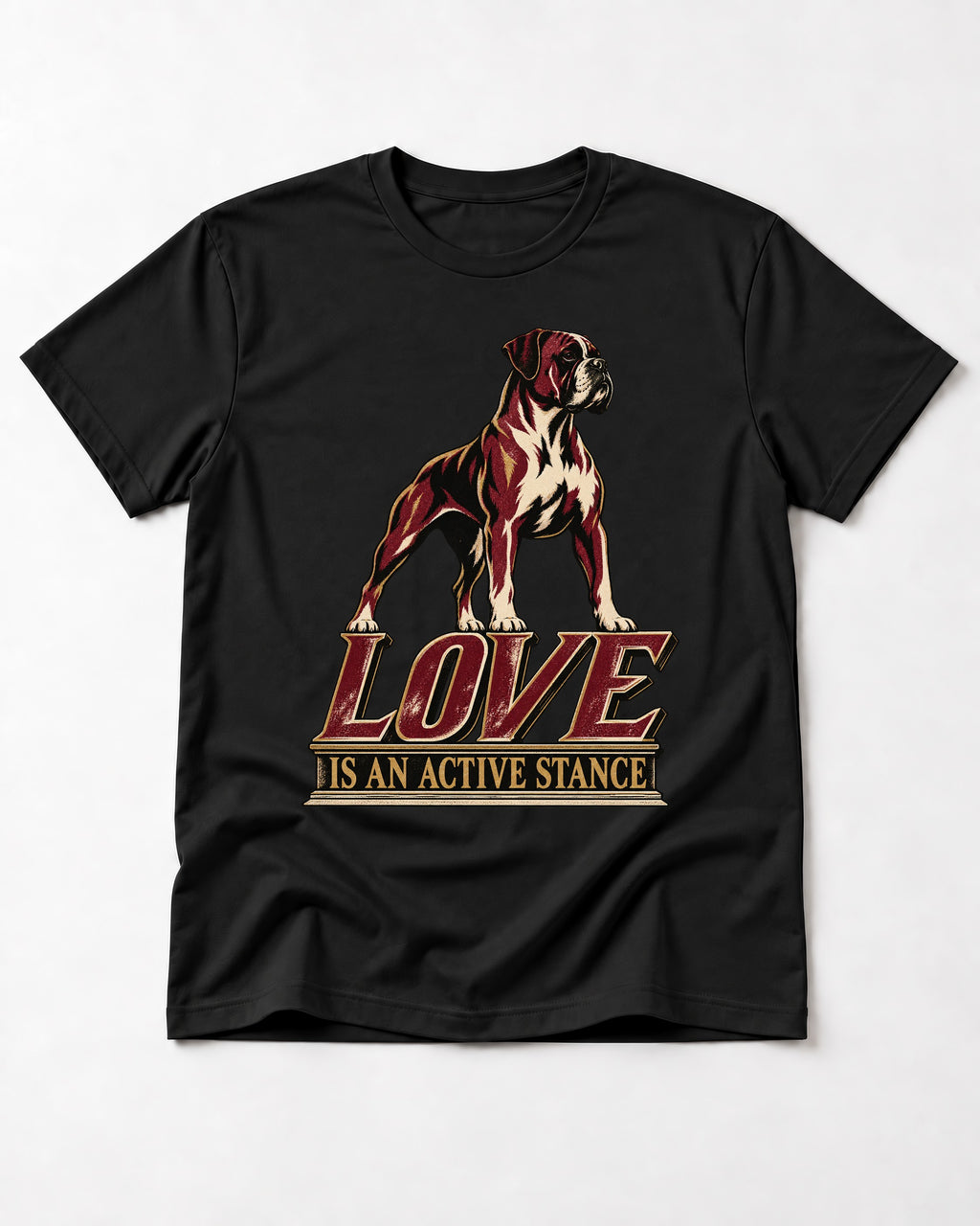 Love Is an Active Stance Boxer Pedestal Graphic T-Shirt in Black, flat lay product photo