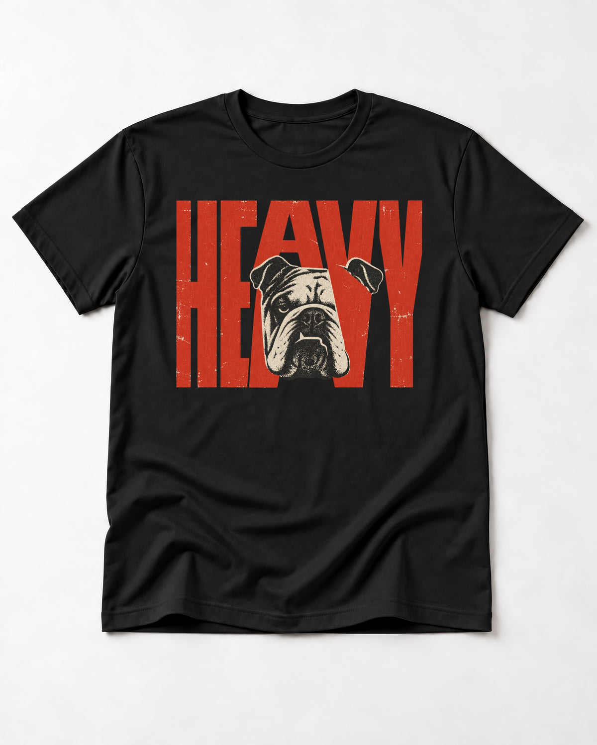 English Bulldog Heavy Stacked Portrait Graphic T-Shirt in Black, flat lay product photo