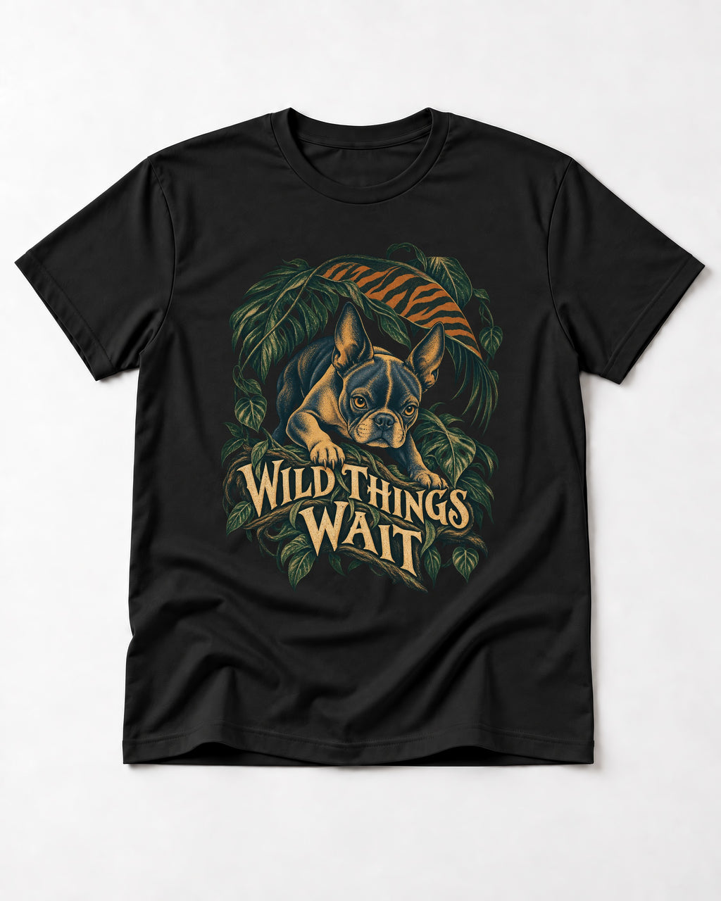 Boston Terrier Wild Things Wait T-Shirt in Black, flat lay product photo