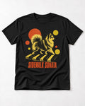 Pomeranian Sidewalk Sonata Piano Graphic T-Shirt in Black, flat lay product photo