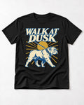 English Bulldog Walk at Dusk Sunset Graphic T-Shirt in Black, flat lay product photo