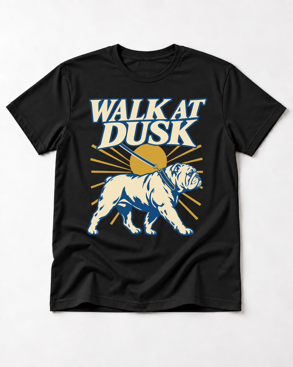 English Bulldog Walk at Dusk Sunset Graphic T-Shirt in Black, flat lay product photo