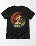 Wait What Is There Beagle Crescent T-Shirt in Black, flat lay product photo