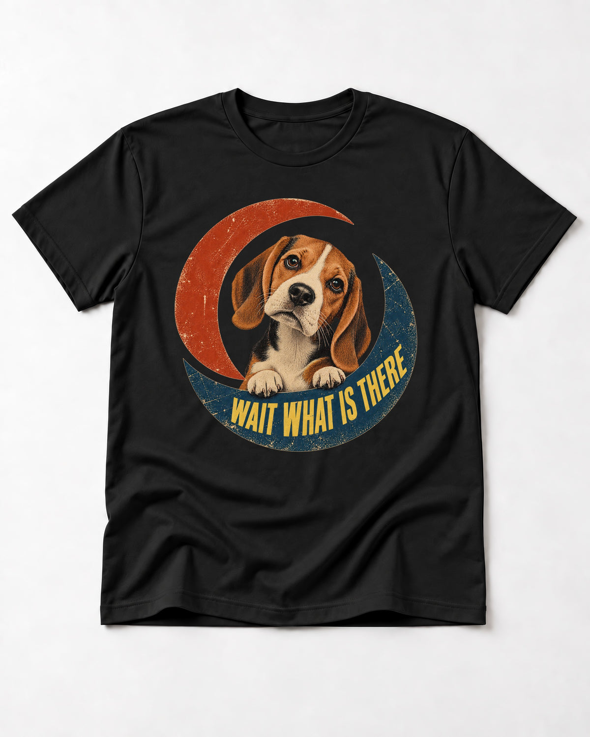 Wait What Is There Beagle Crescent T-Shirt in Black, flat lay product photo