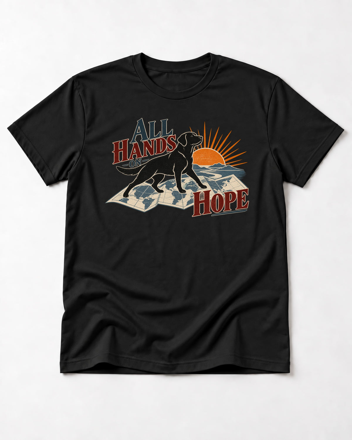 Labrador Retriever All Hands on Hope Map Sunrise Graphic T-Shirt in Black, flat lay product photo
