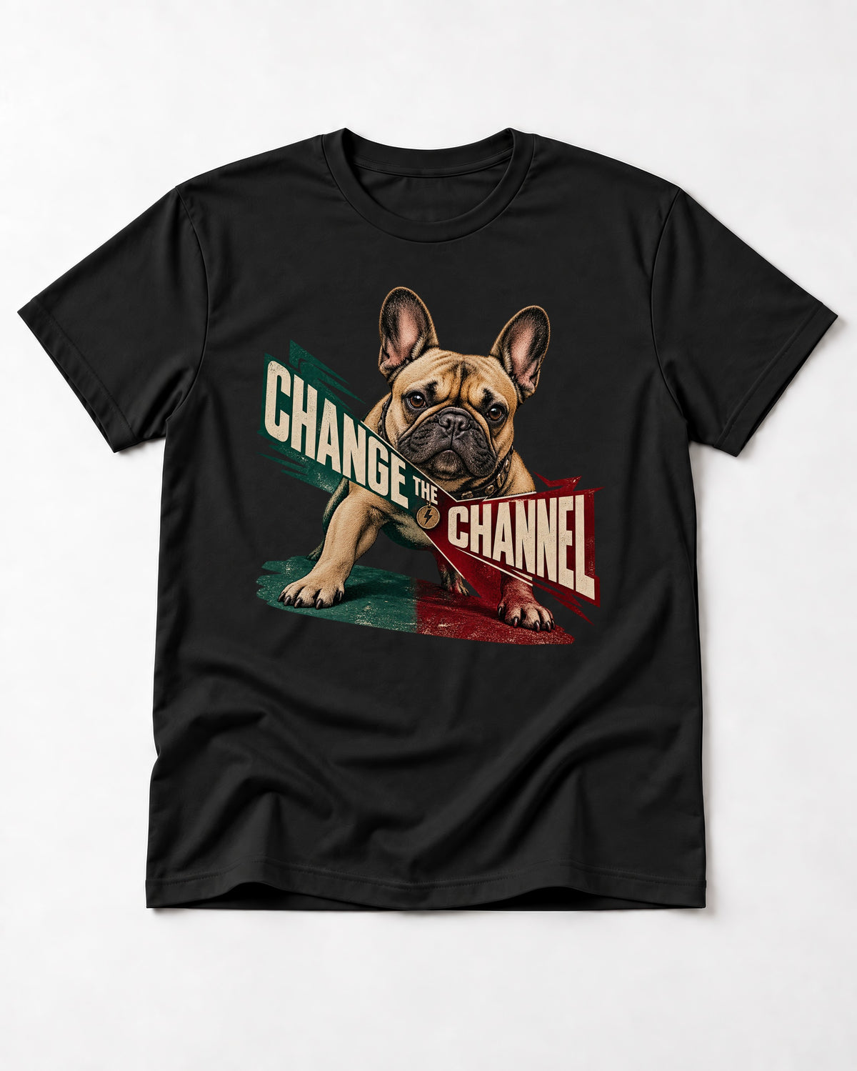Frenchie Change the Channel Graphic T-Shirt in Black, flat lay product photo
