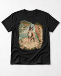 Arrived Without a Dress Code Boston Terrier Venus Parody T-Shirt in Black, flat lay product photo