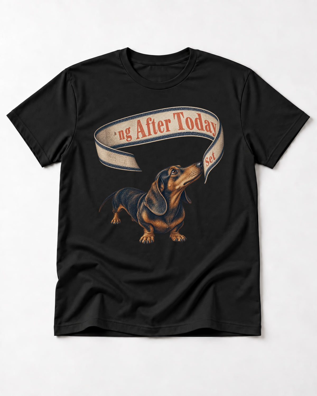 Dachshund ng After Today Set Ribbon Graphic T-Shirt in Black, flat lay product photo