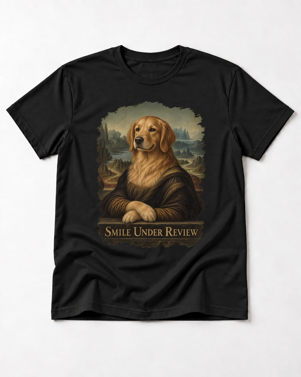 Smile Under Review Renaissance Portrait Golden Retriever Graphic T-Shirt in Black, flat lay product photo