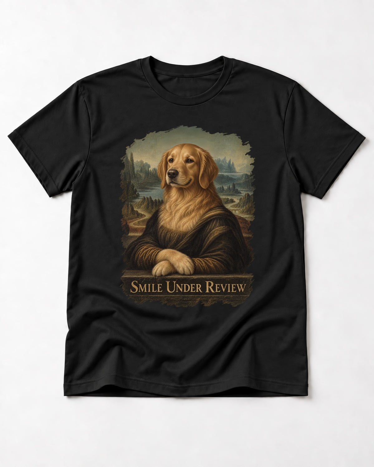 Smile Under Review Renaissance Portrait Golden Retriever Graphic T-Shirt in Black, flat lay product photo