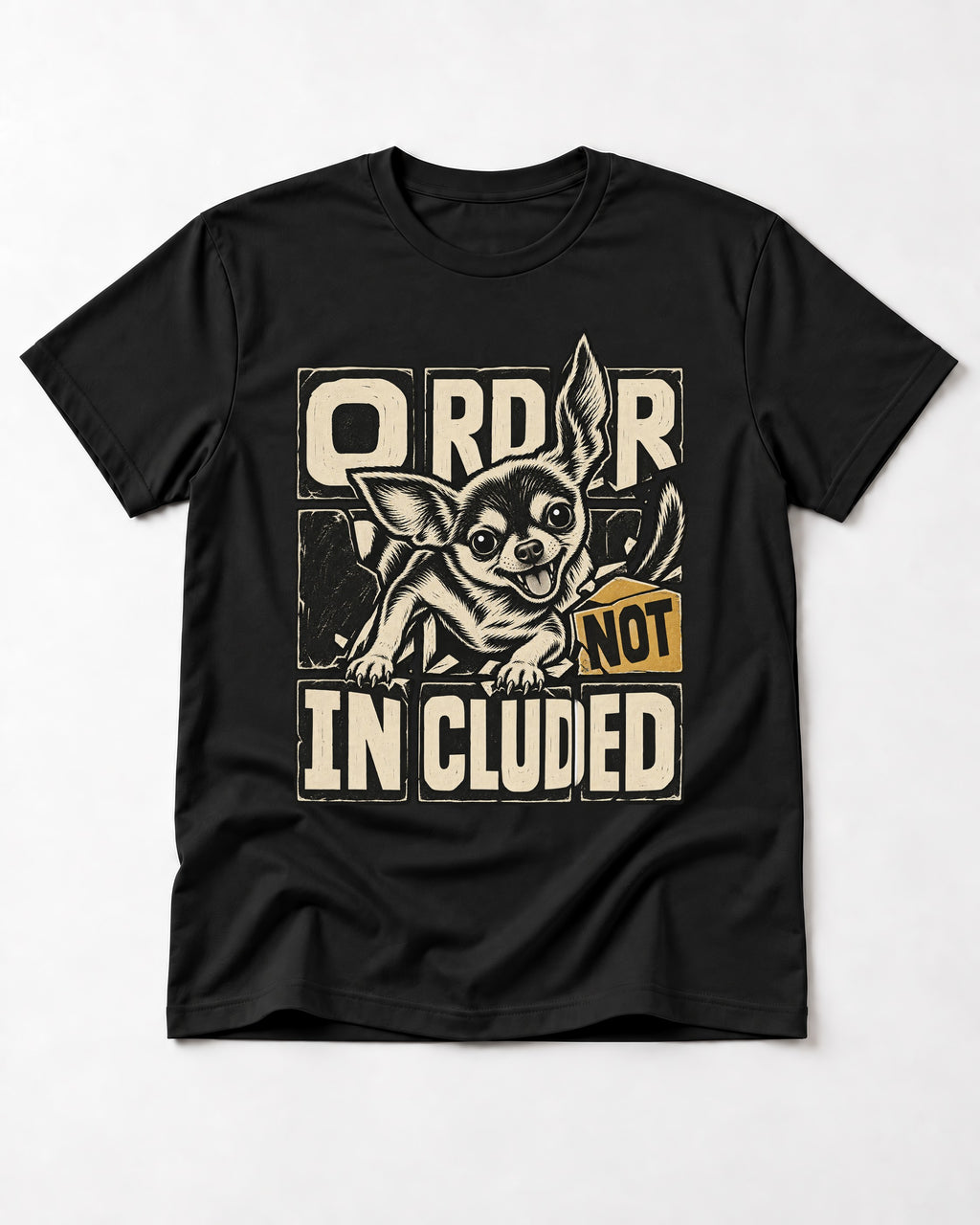 Chihuahua Order Not Included Broken Grid Graphic T-Shirt in Black, flat lay product photo