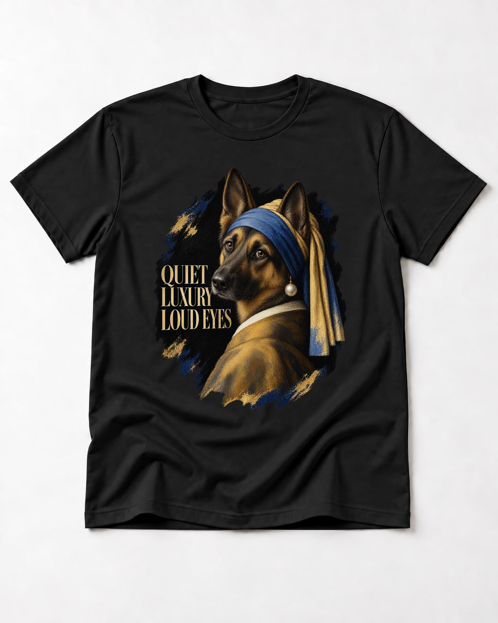 German Shepherd Dog Quiet Luxury Loud Eyes Pearl Portrait T-Shirt in Black, flat lay product photo