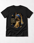 German Shepherd Dog Quiet Luxury Loud Eyes Pearl Portrait T-Shirt in Black, flat lay product photo
