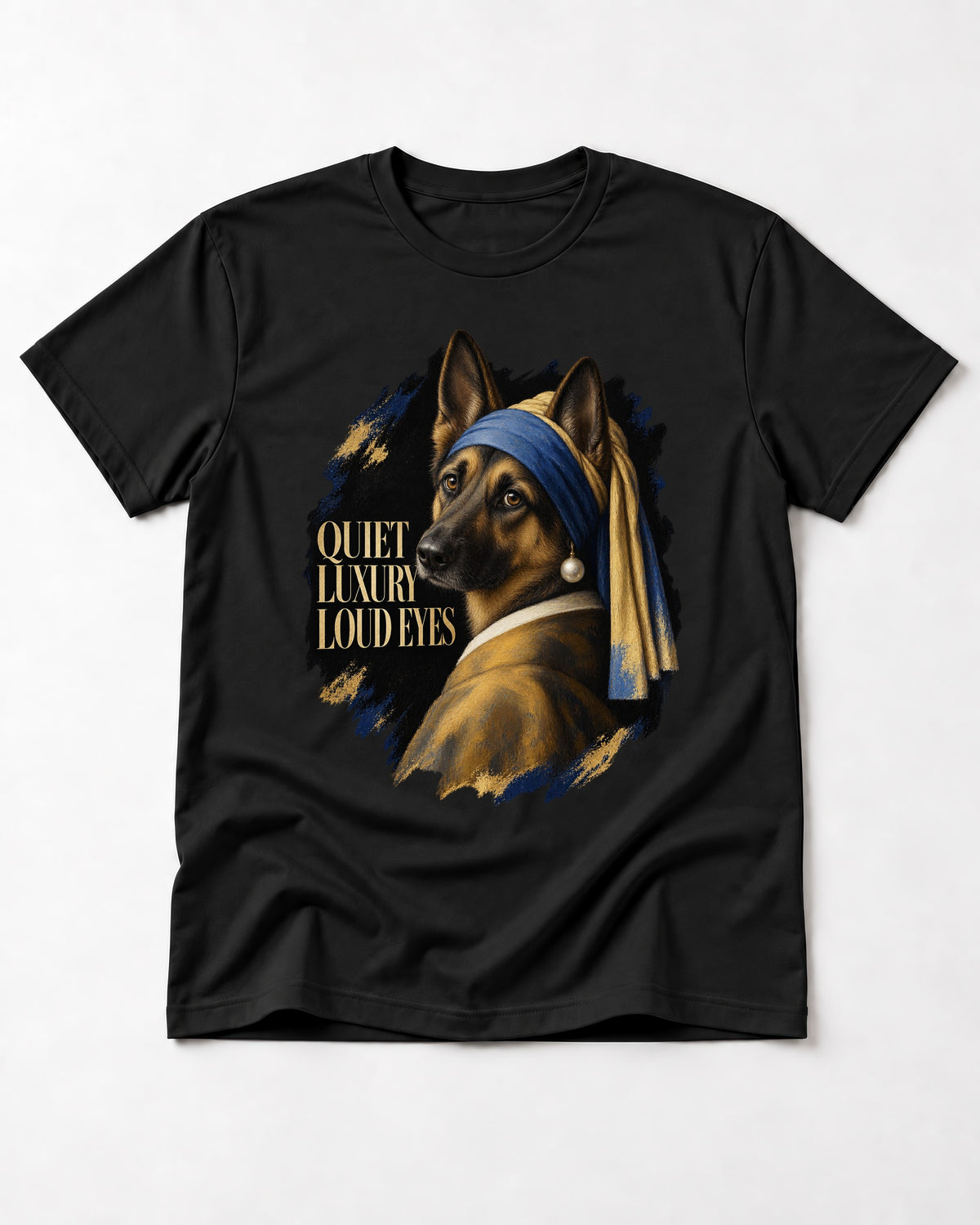 German Shepherd Dog Quiet Luxury Loud Eyes Pearl Portrait T-Shirt in Black, flat lay product photo