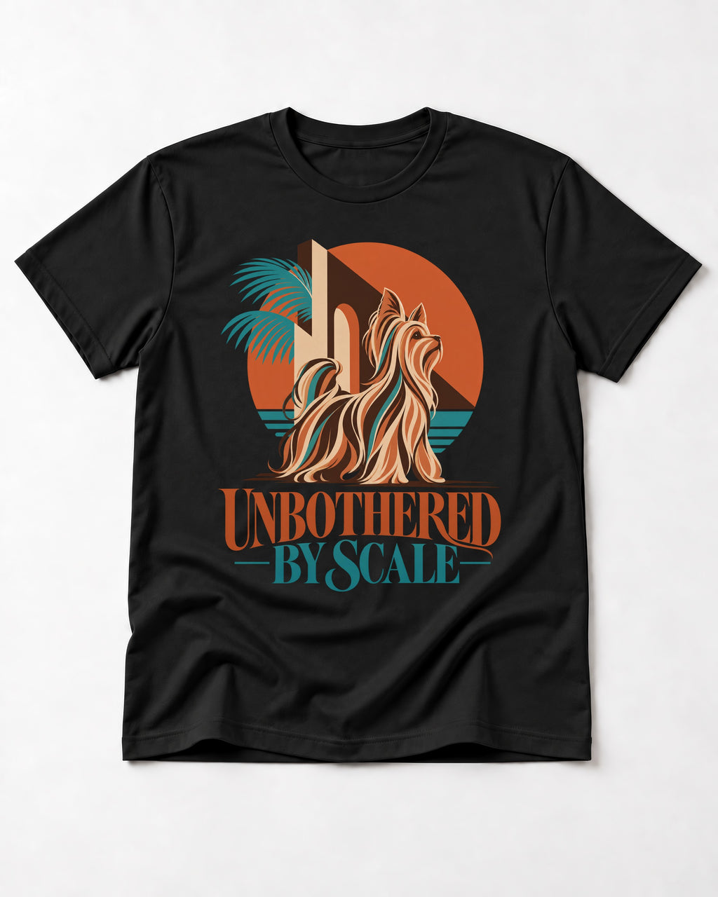 Yorkshire Terrier Unbothered by Scale Tropical Architecture Graphic T-Shirt in Black, flat lay product photo