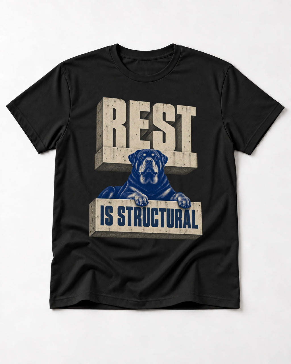 Rottweiler Rest Is Structural Architectural Type Graphic T-Shirt in Black, flat lay product photo