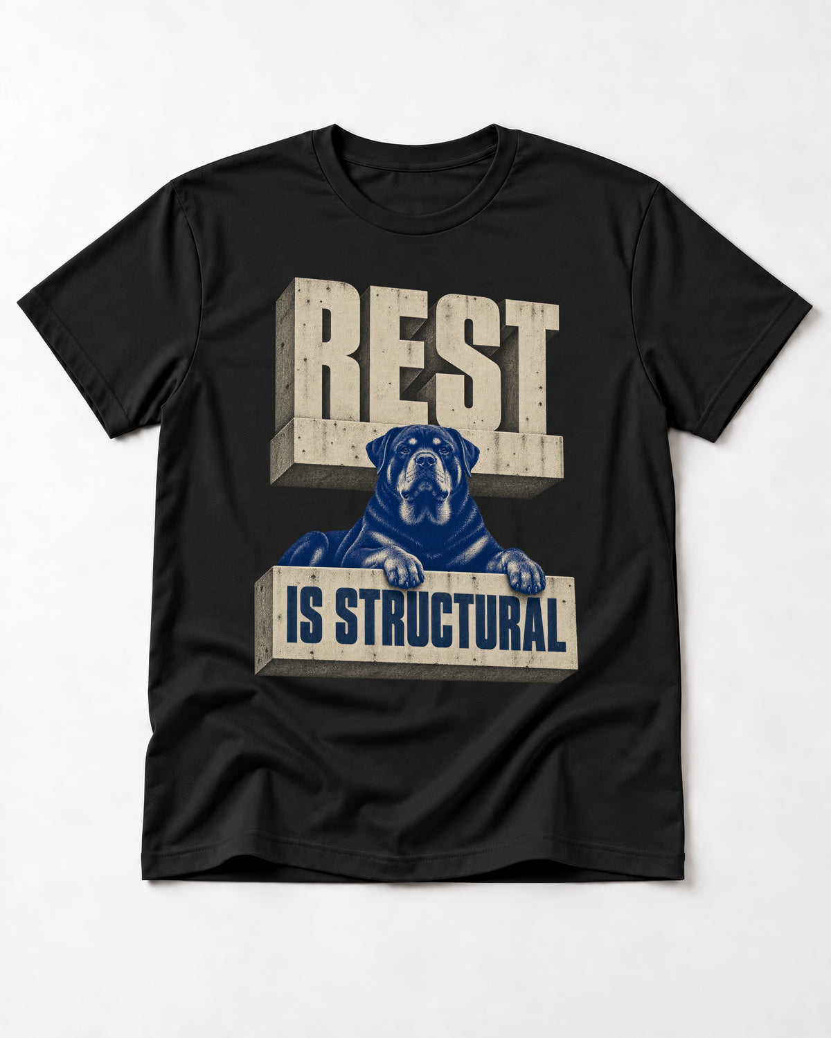 Rottweiler Rest Is Structural Architectural Type Graphic T-Shirt in Black, flat lay product photo