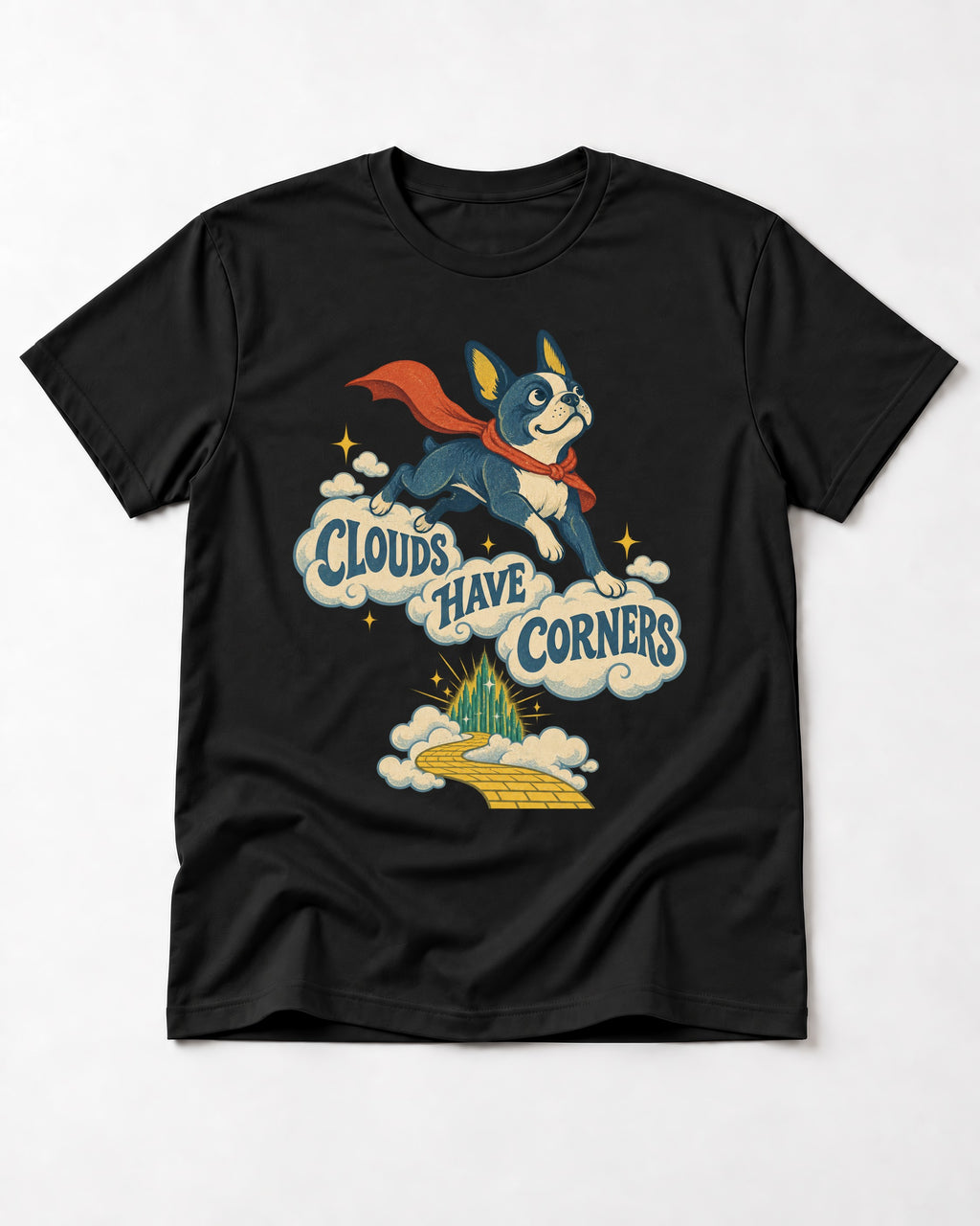 Clouds Have Corners Boston Terrier T-Shirt in Black, flat lay product photo