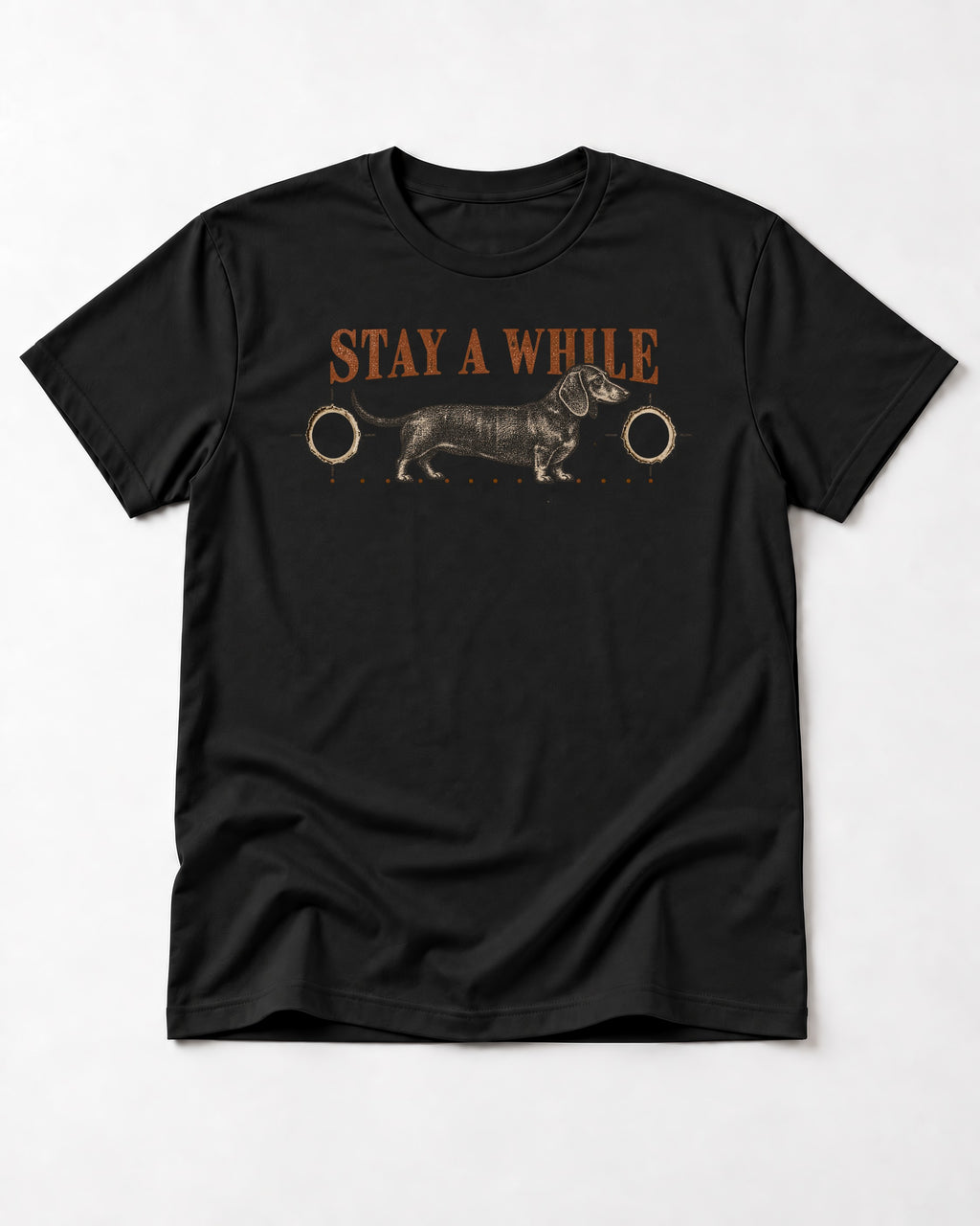 Dachshund Stay A While Ornamental Portrait Graphic T-Shirt in Black, flat lay product photo