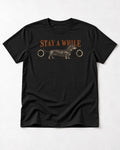 Dachshund Stay A While Ornamental Portrait Graphic T-Shirt in Black, flat lay product photo