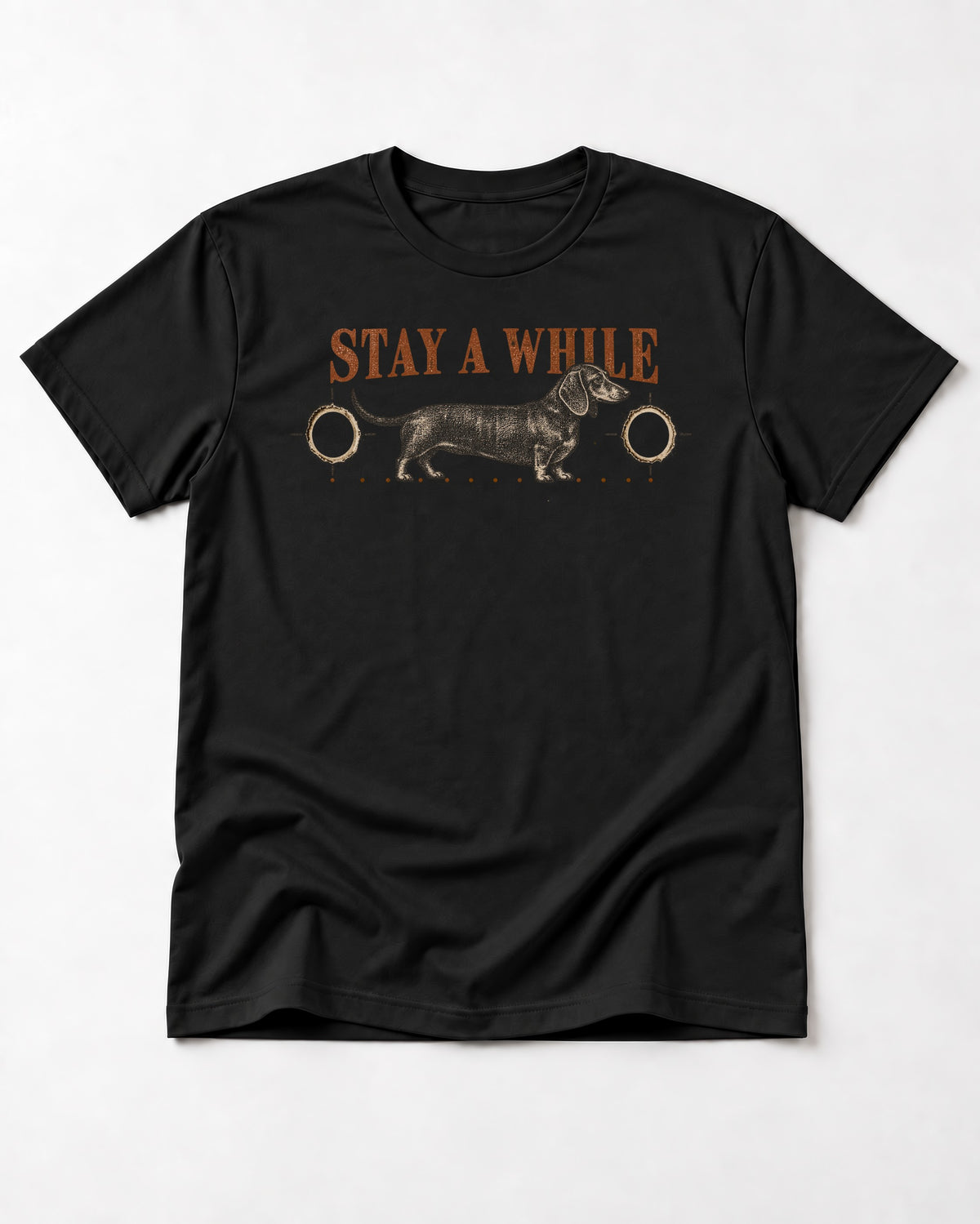 Dachshund Stay A While Ornamental Portrait Graphic T-Shirt in Black, flat lay product photo