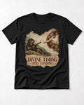 Rottweiler Divine Timing Still Loading Creation Parody Graphic T-Shirt in Black, flat lay product photo