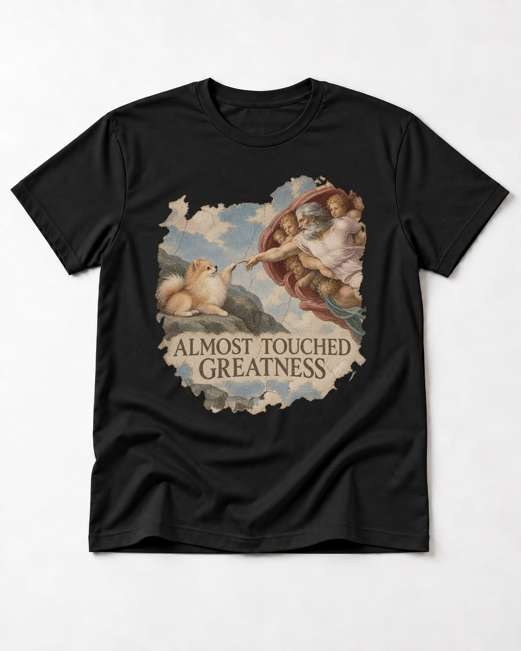 Pomeranian Almost Touched Greatness Fresco Graphic T-Shirt in Black, flat lay product photo