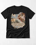 Pomeranian Almost Touched Greatness Fresco Graphic T-Shirt in Black, flat lay product photo