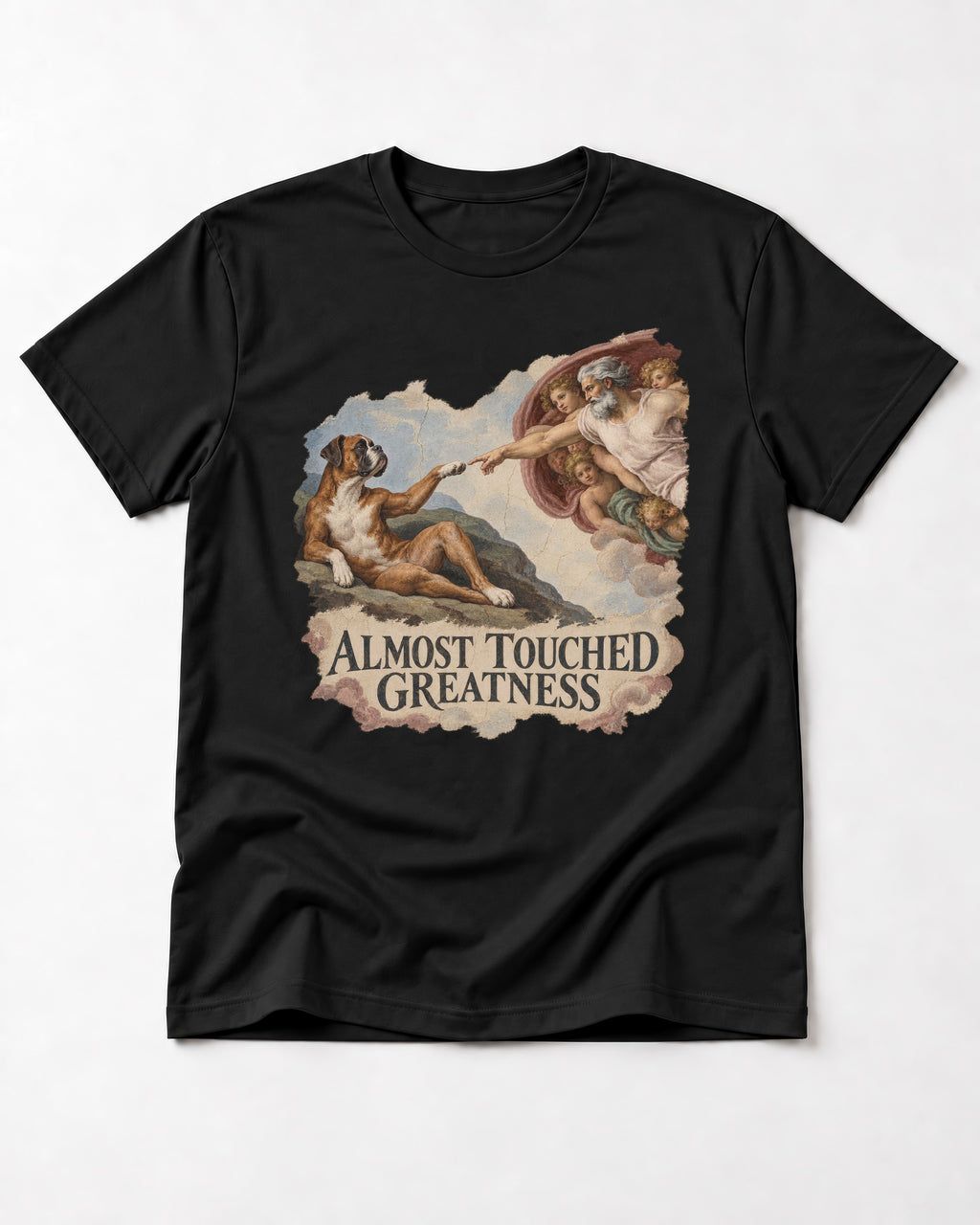 Almost Touched Greatness Boxer Creation Fresco Graphic T-Shirt in Black, flat lay product photo