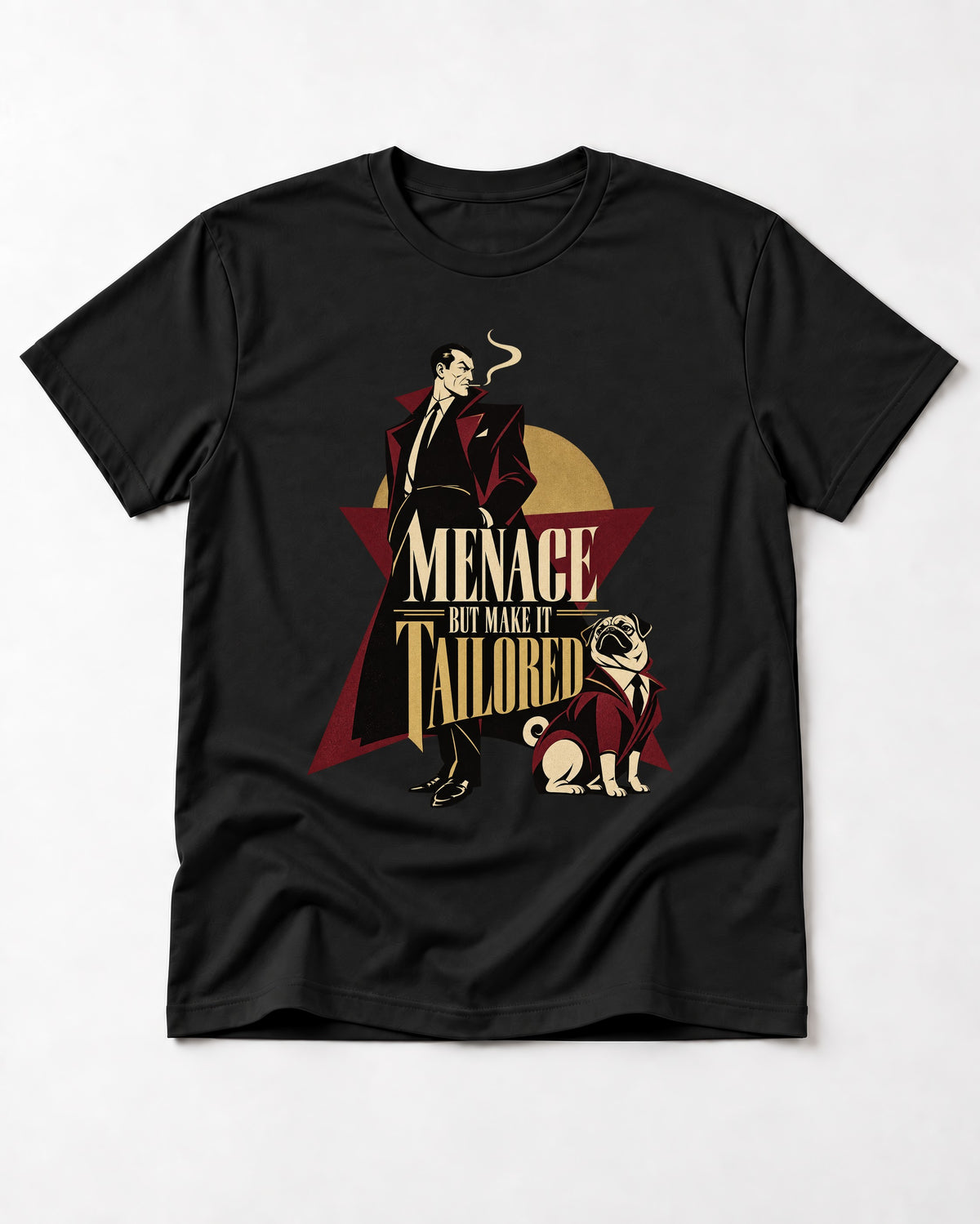 Pug Menace But Make It Tailored Graphic T-Shirt in Black, flat lay product photo