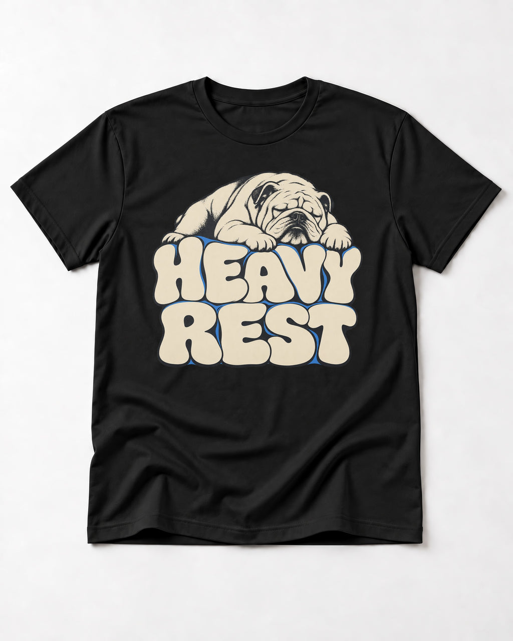 English Bulldog Heavy Rest Graphic T-Shirt in Black, flat lay product photo