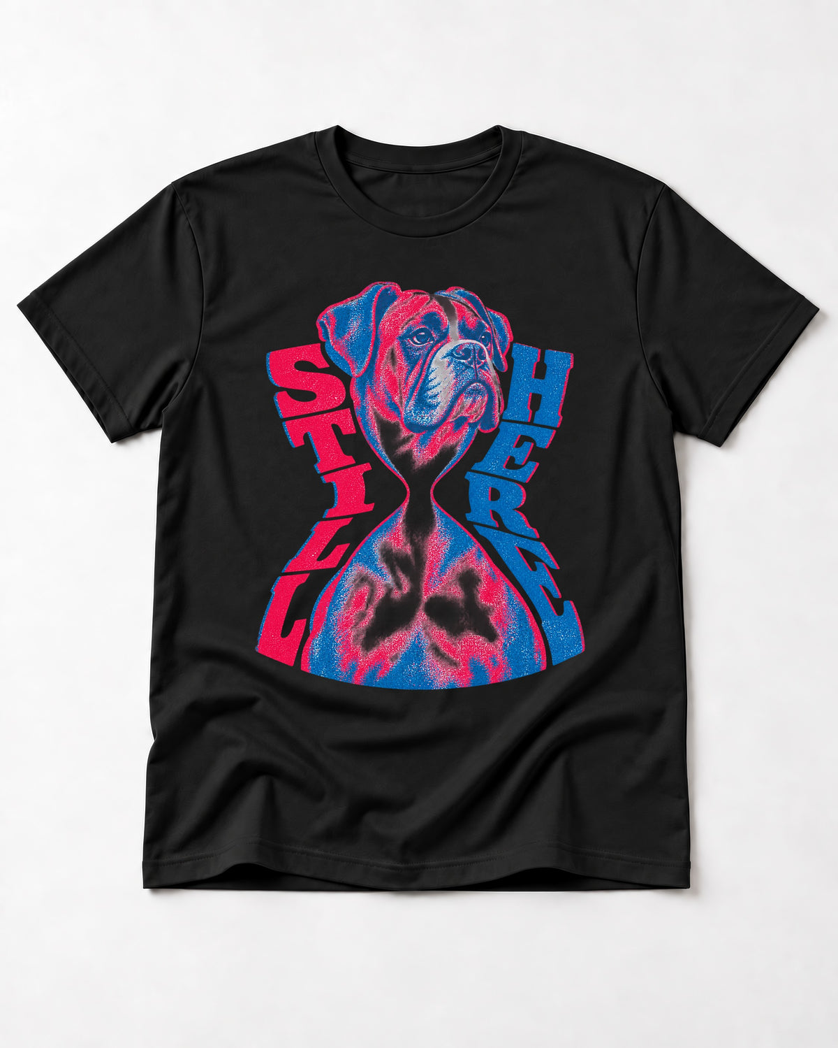 Stay Here Boxer Duotone Portrait T-Shirt in Black, flat lay product photo