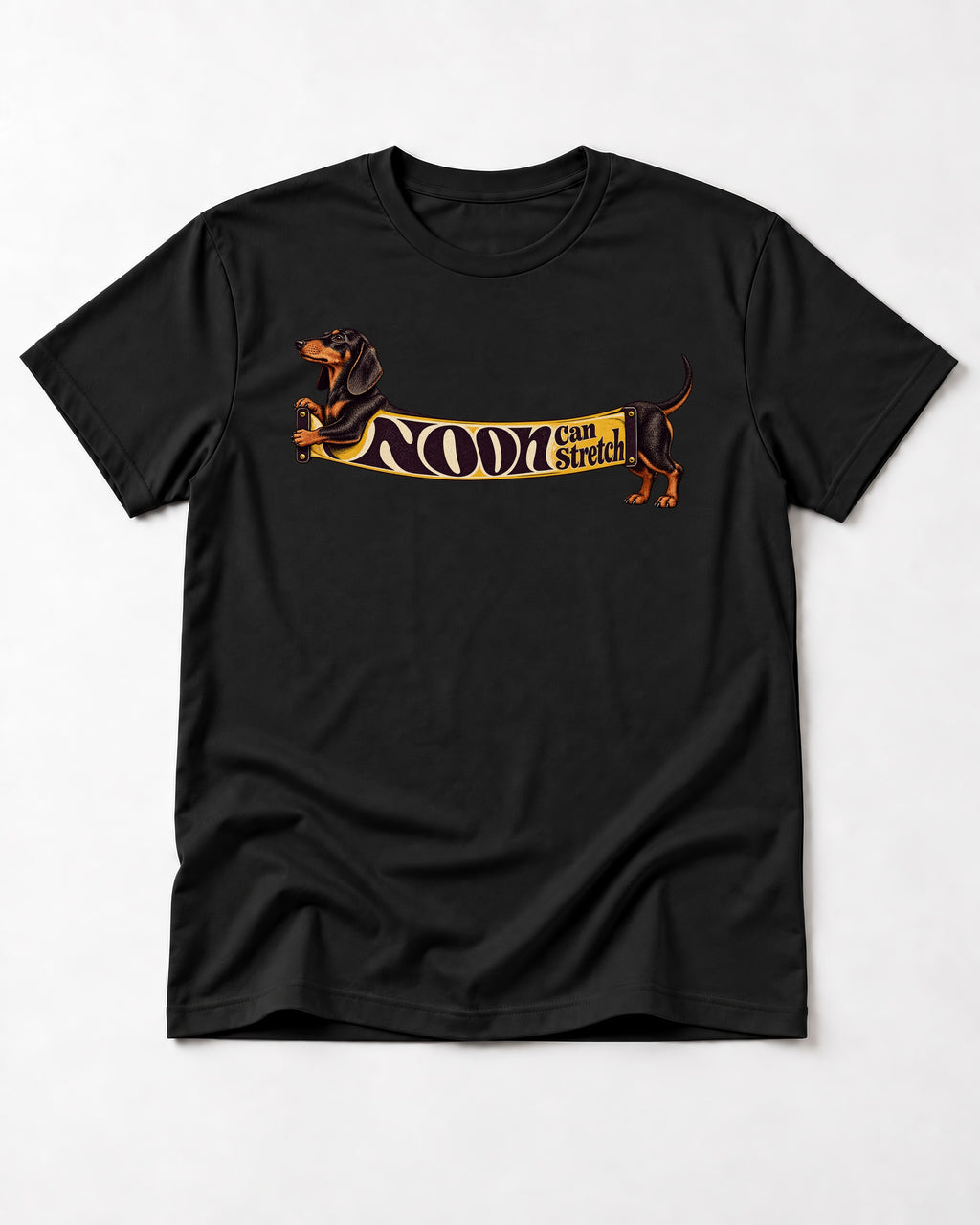 Dachshund Noon Can Stretch Sign Graphic T-Shirt in Black, flat lay product photo