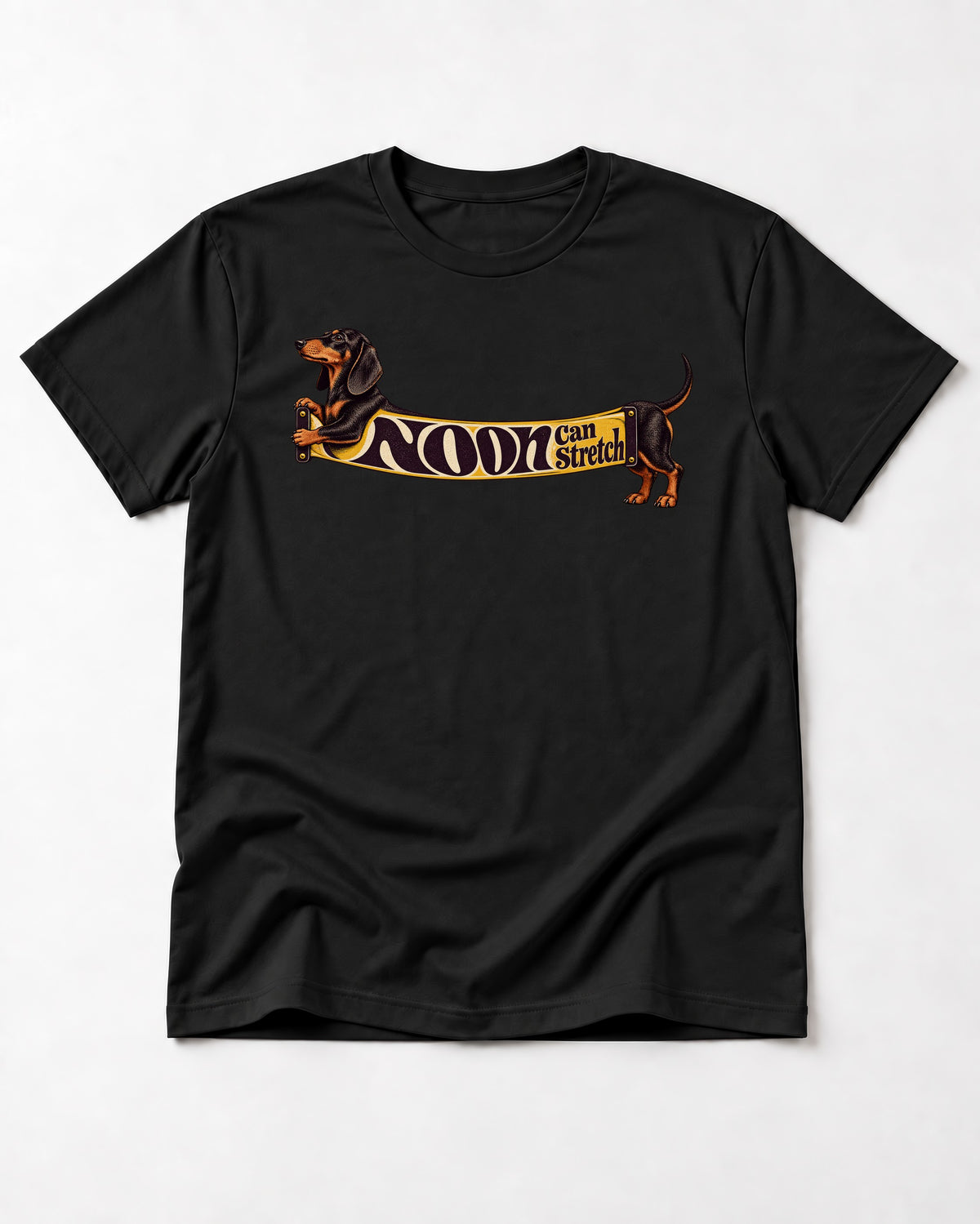 Dachshund Noon Can Stretch Sign Graphic T-Shirt in Black, flat lay product photo