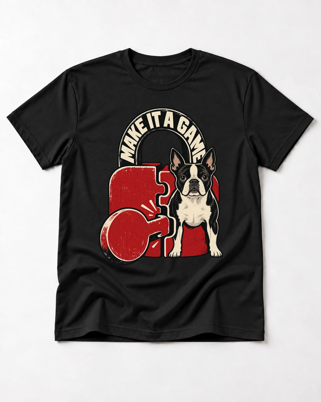 Boston Terrier Make It a Game T-Shirt in Black, flat lay product photo