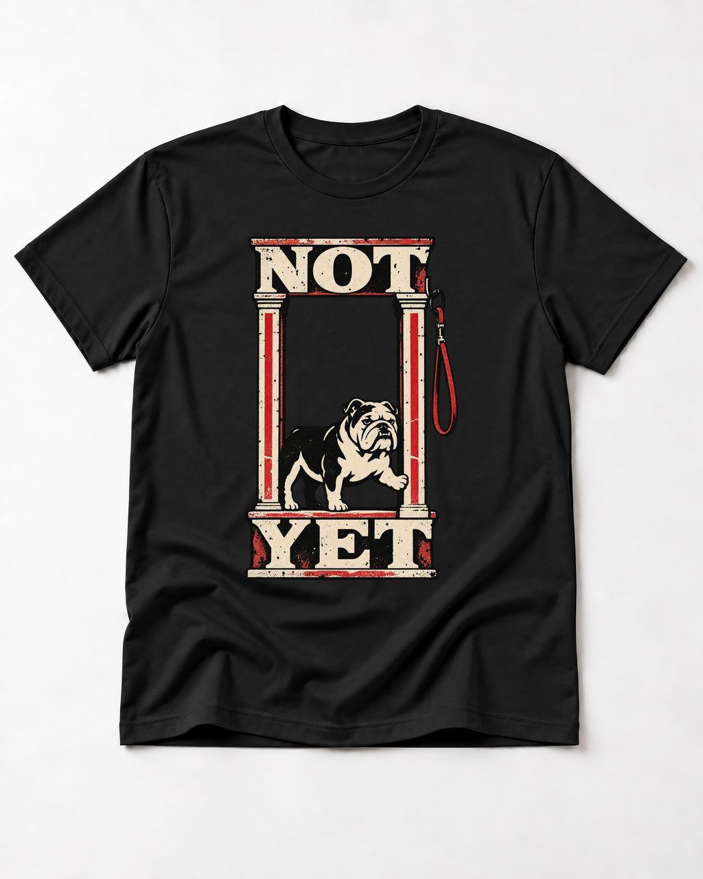 English Bulldog Not Yet Doorway Graphic T-Shirt in Black, flat lay product photo