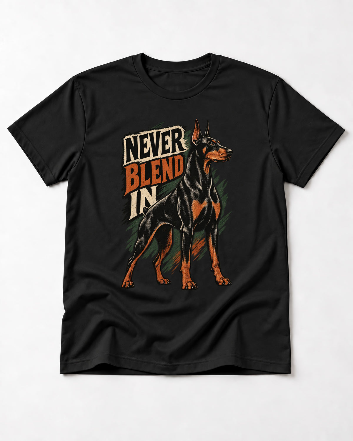 Doberman Never Blend In Brush Graphic T-Shirt in Black, flat lay product photo