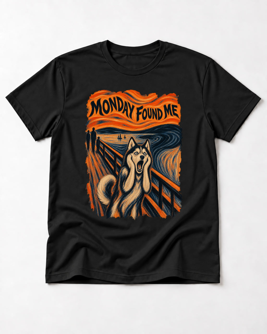 Husky Monday Found Me Scream Parody Graphic T-Shirt in Black, flat lay product photo