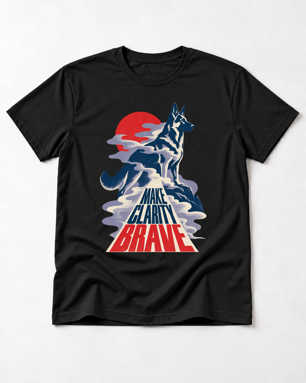 Make Clarity Brave Mountain German Shepherd Dog Graphic T-Shirt in Black, flat lay product photo