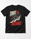 Trust the Distance German Shorthaired Pointer Graphic T-Shirt in Black, flat lay product photo