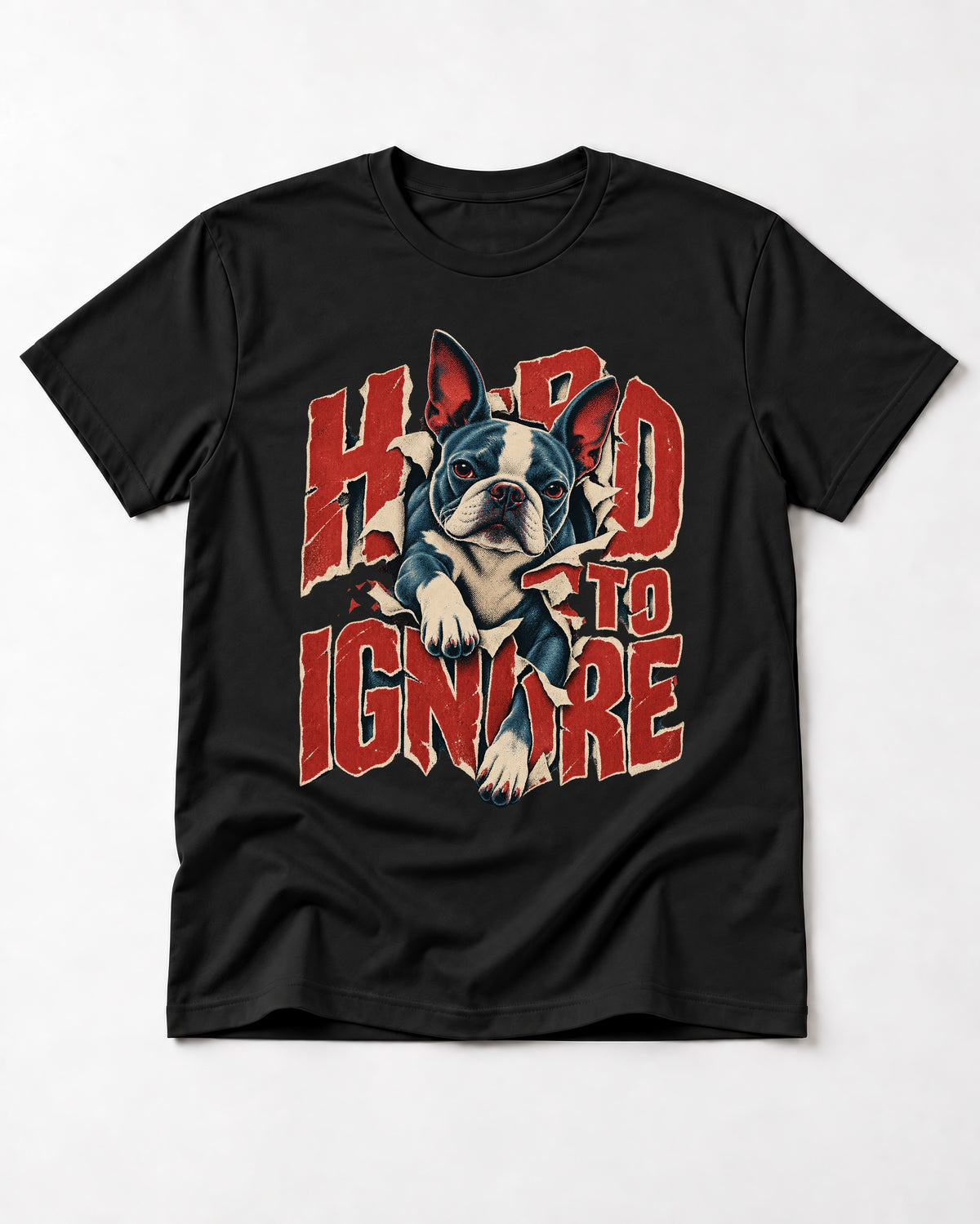 Hard to Ignore Boston Terrier Graphic T-Shirt in Black, flat lay product photo