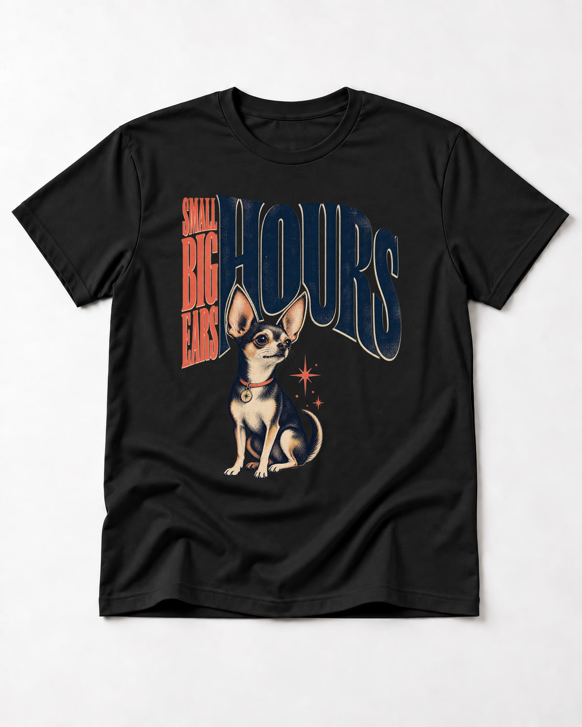 Chihuahua Small Big Ears Hours T-Shirt in Black, flat lay product photo
