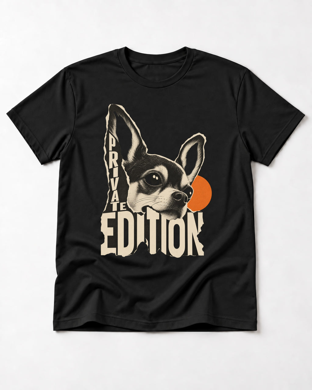 Chihuahua Private Edition Cut-Paper Portrait T-Shirt in Black, flat lay product photo