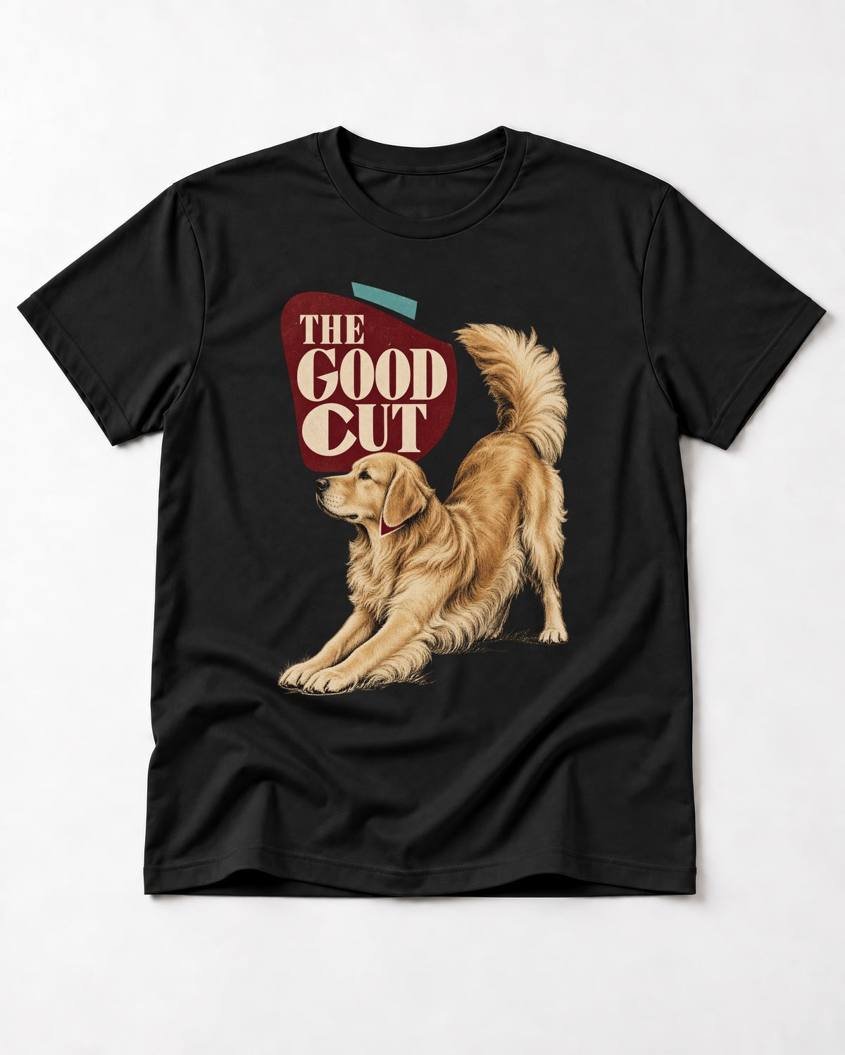 Golden Retriever The Good Cut Play Bow Graphic T-Shirt in Black, flat lay product photo