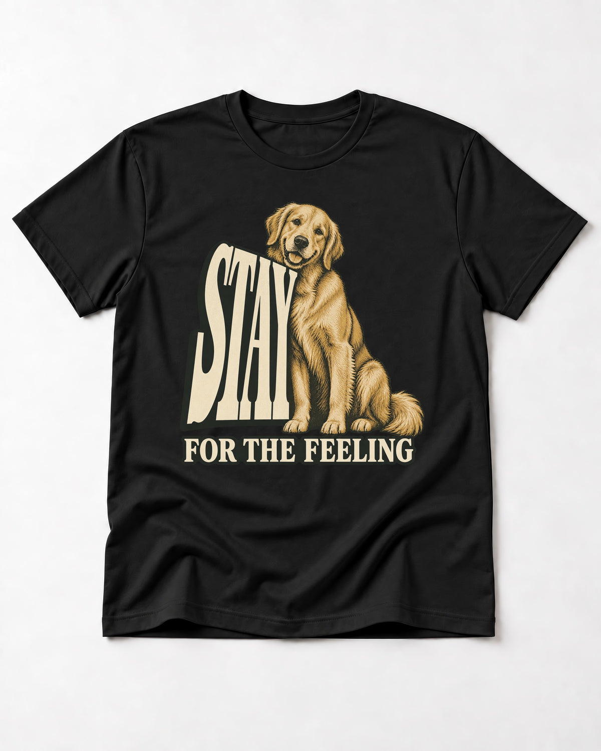 Golden Retriever Stay for the Feeling Leaning Puppy Graphic T-Shirt in Black, flat lay product photo