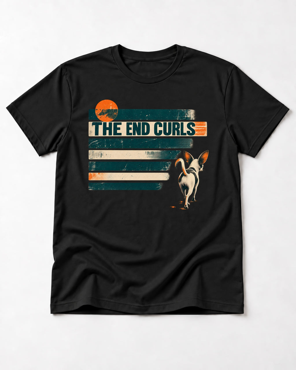 Chihuahua The End Curls Retro Stripe Graphic T-Shirt in Black, flat lay product photo