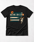 Chihuahua The End Curls Retro Stripe Graphic T-Shirt in Black, flat lay product photo