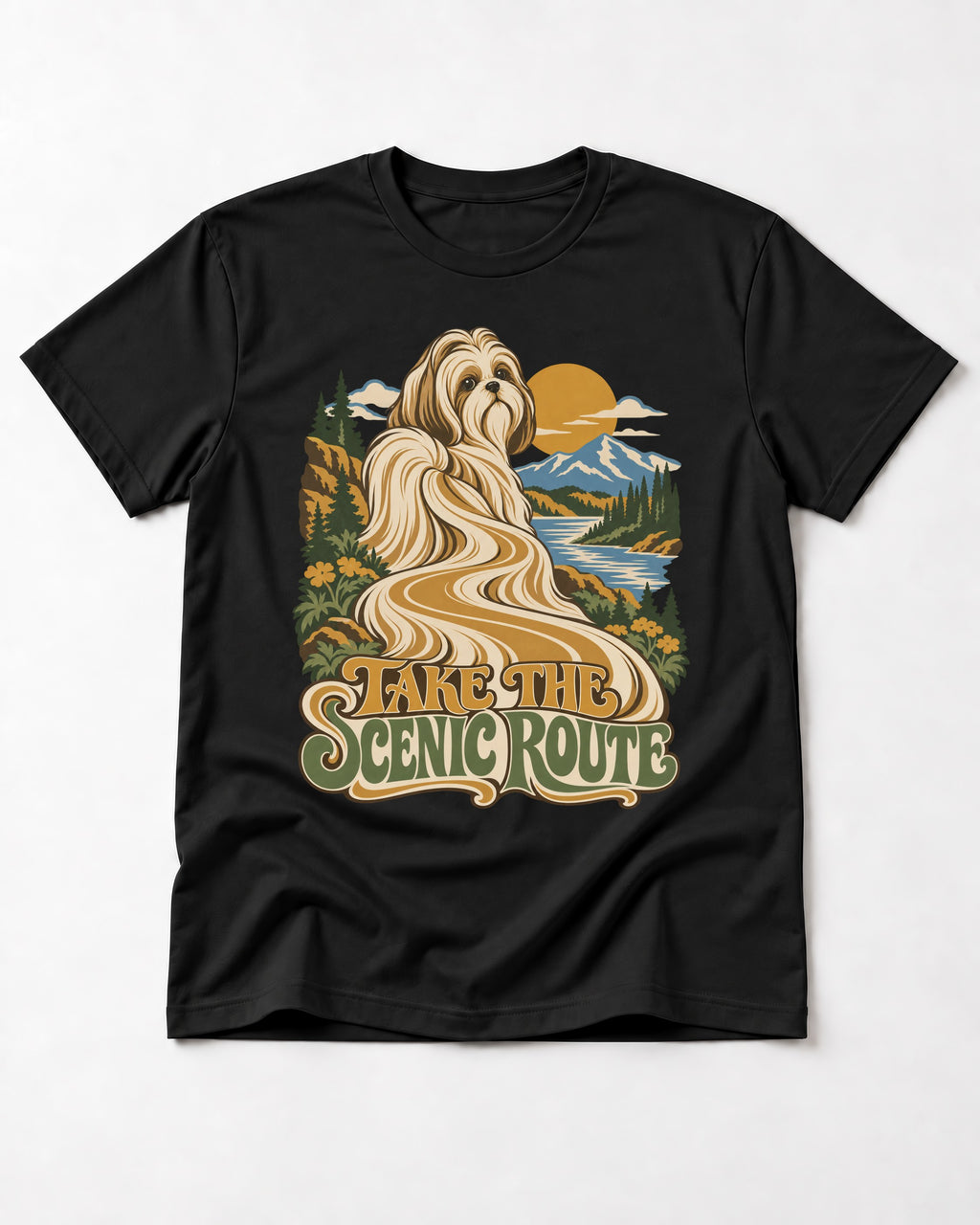 Shih Tzu Take the Scenic Route Mountain Vista Graphic T-Shirt in Black, flat lay product photo