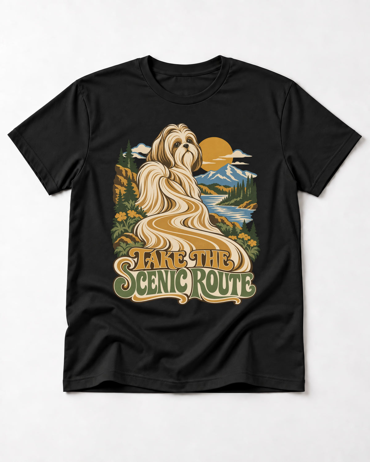 Shih Tzu Take the Scenic Route Mountain Vista Graphic T-Shirt in Black, flat lay product photo